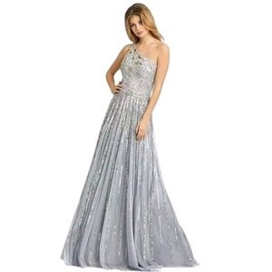 NWT $598 Mac Duggal One Shoulder A-Line Gown Platnium Gold Wedding Prom Formal 4